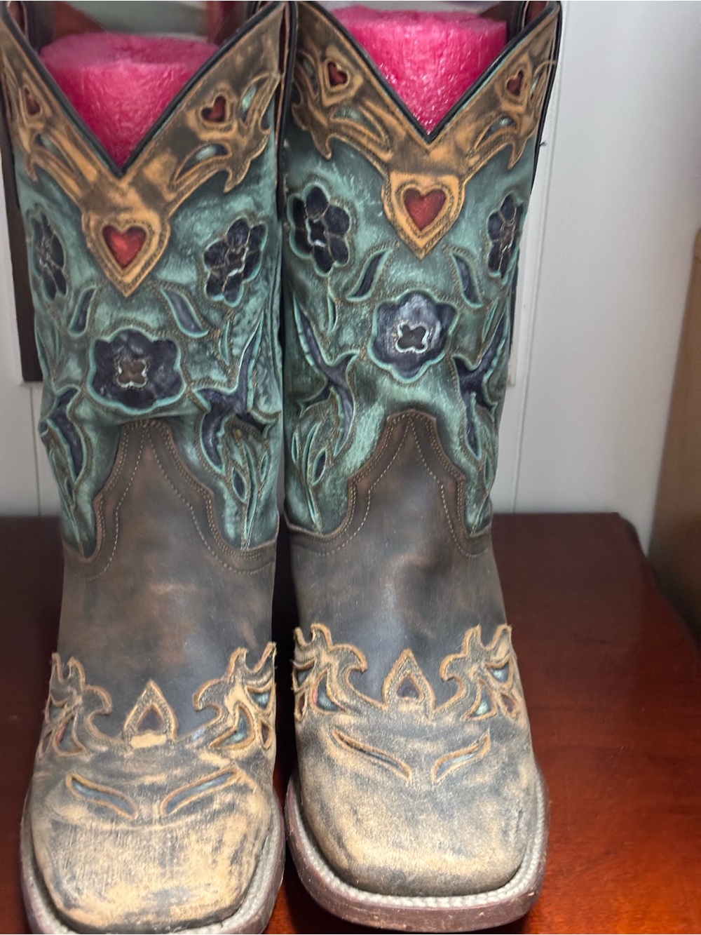 Dan Post Brown Leather Western Boots with Teal Accents- Bluebird